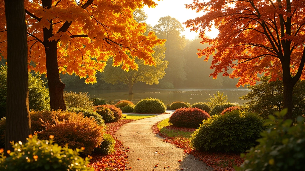 Garden in autumn with colorful fall foliage, trees with golden and red leaves, garden pathway, seasonal landscape, golden hour lighting