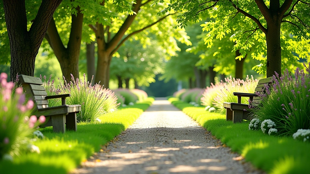 Peaceful garden pathway with flowering plants, benches, and natural walking trail through green vegetation