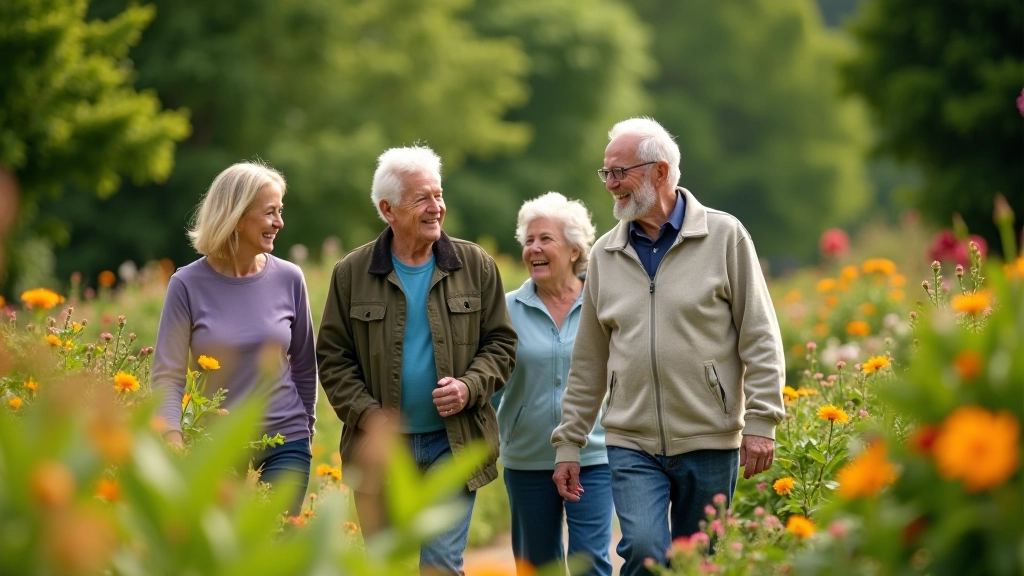 Mature adults enjoying garden walk together outdoors