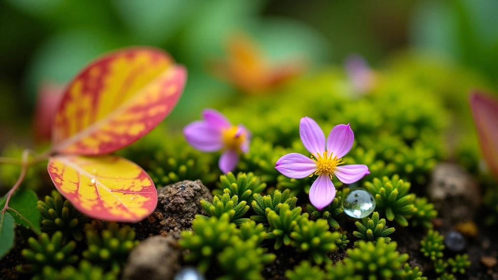 Close-up of natural elements like leaves, flowers, stones, and water droplets in nature
