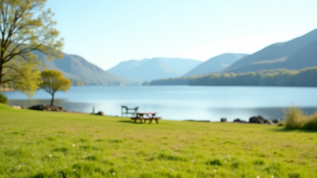 Open lakeside area with expansive water views, flat grassy terrain perfect for picnicking, mountains visible across the water