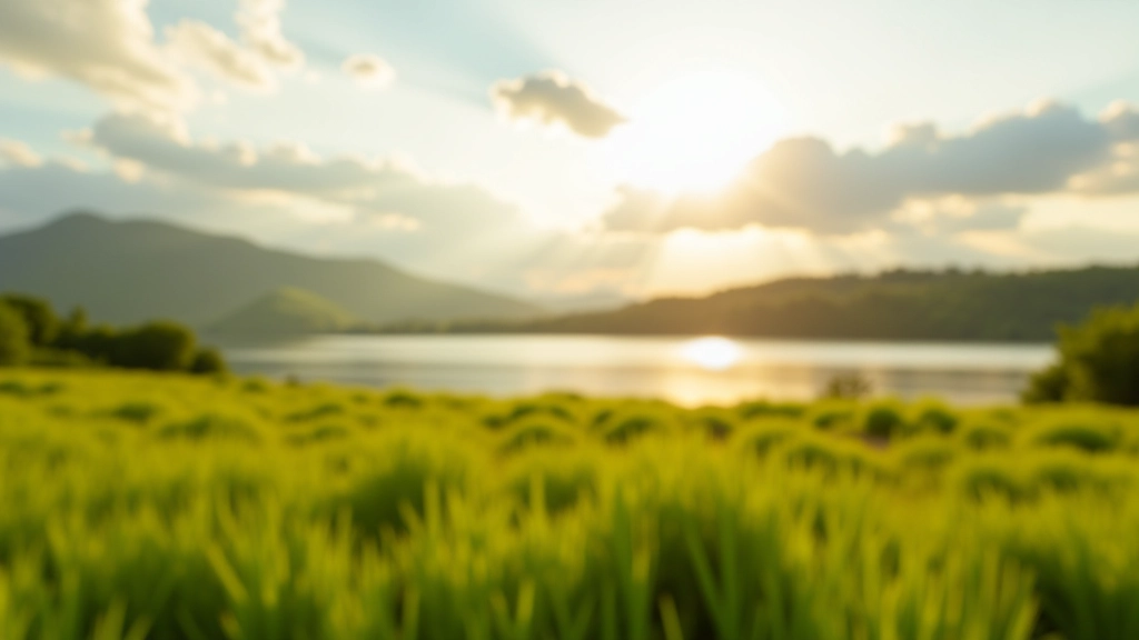 Outdoor landscape showing partly cloudy sky over green field with trees on horizon during golden hour light