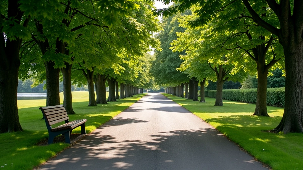 Wide paved pathway through park with benches alongside, gentle landscape with mature trees providing shade, accessible walkway design