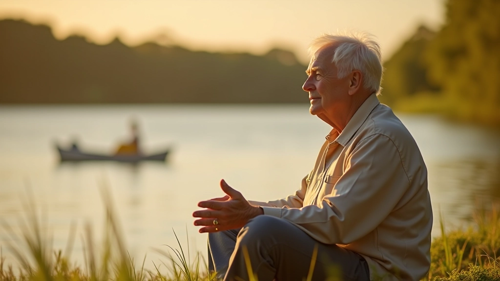 Person sitting peacefully by a lake or water feature, looking out at the view with calm, meditative posture