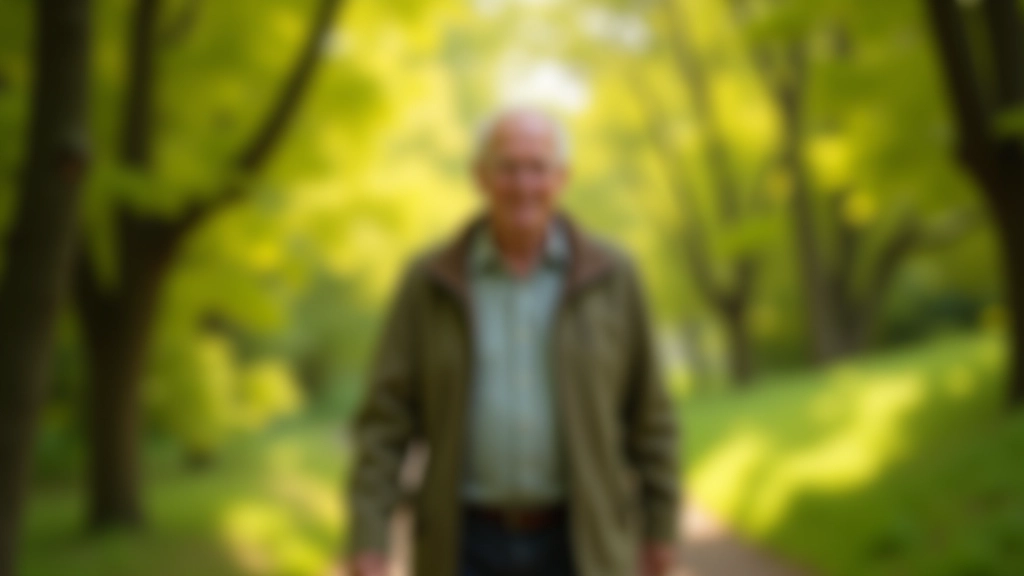Older adult walking on a peaceful nature trail with green trees and dappled sunlight, calm outdoor environment