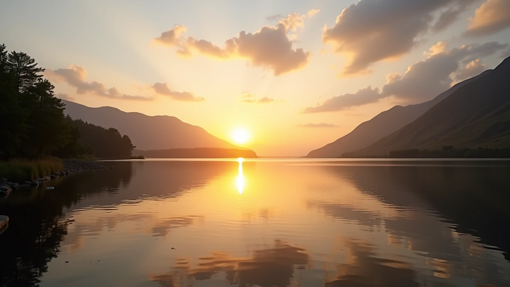 Scenic lakeside landscape with calm waters reflecting mountains at golden hour, peaceful outdoor setting